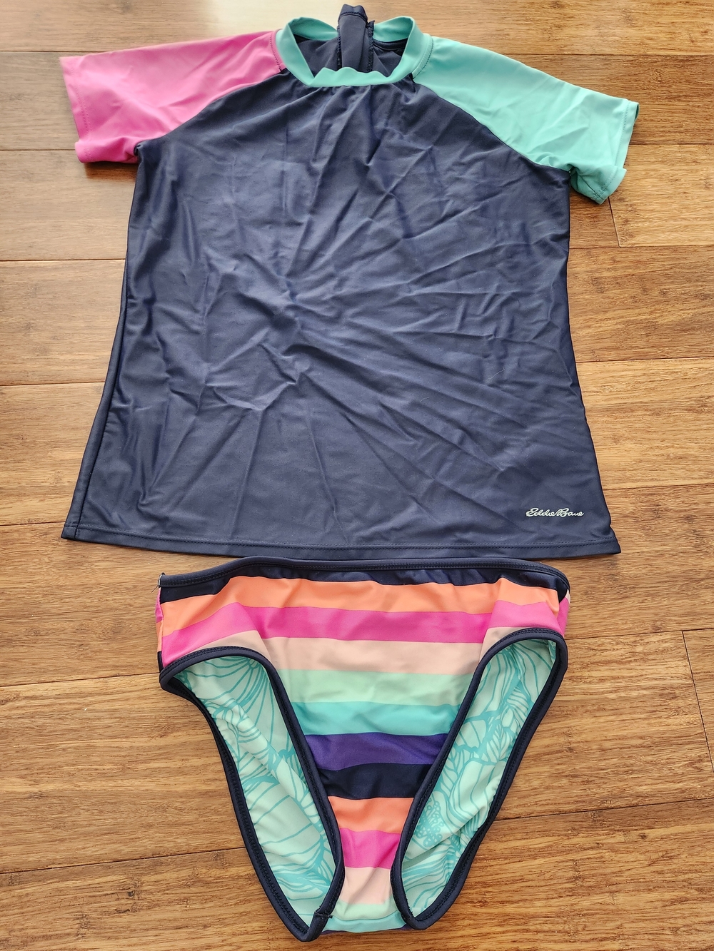 Eddie Bauer Girls Navy Short Sleeve Rash Guard Shirt Bottoms Striped Large 14/16